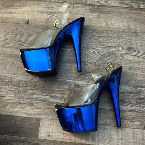 7 inch blue chrome Pleaser heels size 8